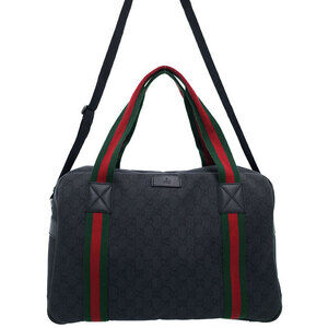 Gucci Boston Duffle Bag GG monogram canvas leather trim top handles Black